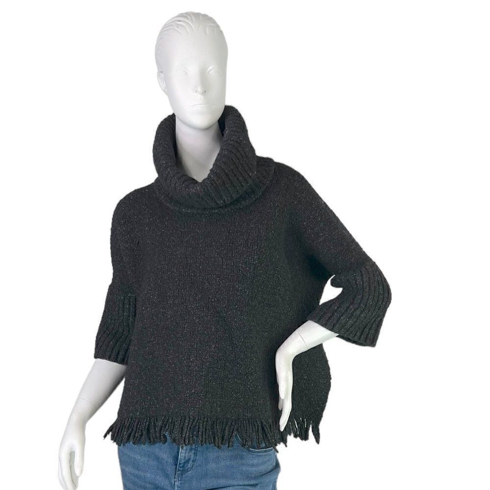 Manos del Uruguay Cropped Charcoal Gray Fringed Poncho Sweater Cowl Neck Size S